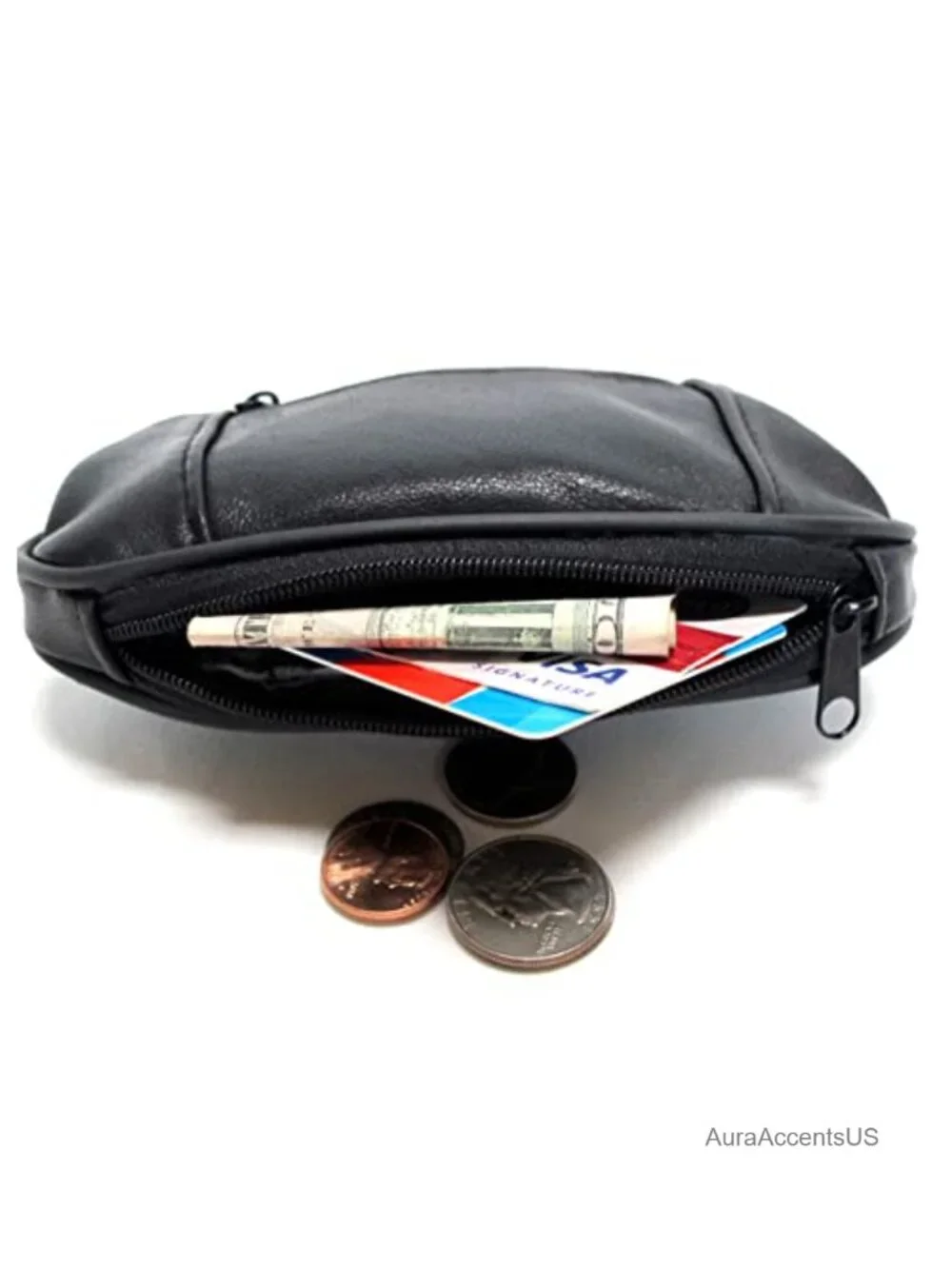 Genuine Leather Mini Wallet with Framed & Zipper Closures